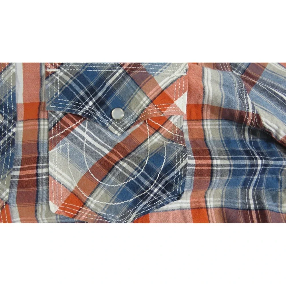 True Religion Premium Western Plaid Pearl Snap Shirt Men XL Red Blue Flap Pocket